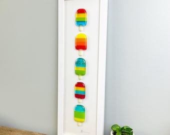 Glass lolly wall art - framed fused glass bright lollies handmade in Cornwall by Niko Brown