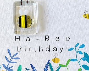 Fused glass bumble bee gift, token. Ha-Bee birthday card. Made in Cornwall by Niko Brown