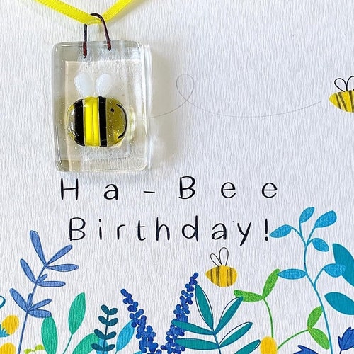 Fused glass bumble bee gift, token. Ha-Bee birthday card. Made in Cornwall by Niko Brown