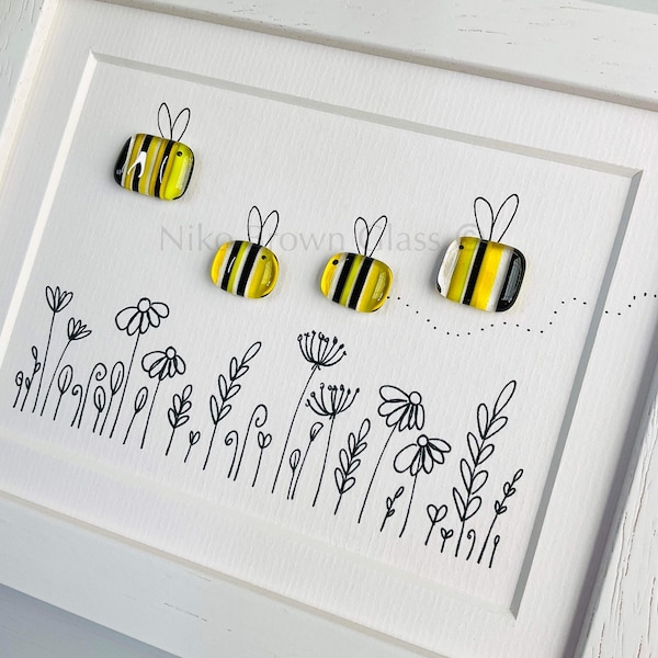 Framed Sweet Bees fused glass rainbow bee garden pebble picture made in Cornwall by Niko Brown