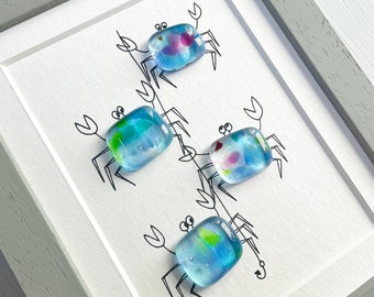 Framed Fused Glass Cornish Crabs Gone Crabbing - Nippers Pebble Picture made in Cornwall by Niko Brown