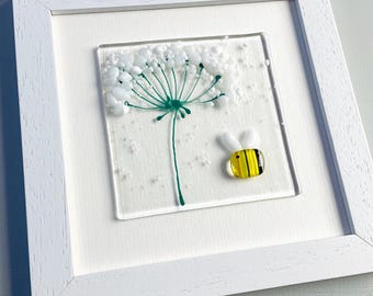 Glass bee wall art - framed fused glass flower and bee picture Bee on the Brightside handmade in Cornwall by Niko Brown