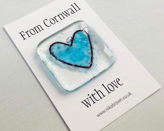 With love from Cornwall, fused glass pocket heart token. Handmade, pocket hug, thinking of you, friendship gift by Niko Brown