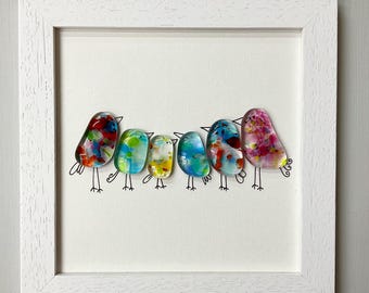 Framed Fused Glass Bird Family Art – Handmade Cornwall Pebble Picture