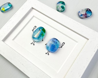 Framed Fused Glass Pebble People Friends Picture