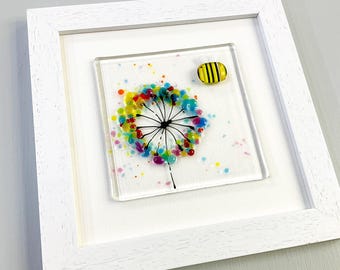 Glass bee wall art - framed fused glass flower and bee picture Bee on the Brightside handmade in Cornwall by Niko Brown