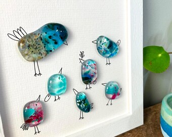 Glass bird wall art - framed fused glass pebble picture bird family handmade in Cornwall by Niko Brown