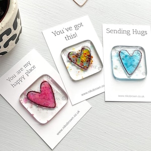 Fused glass heart pocket hug token.  Handmade in Cornwall by Niko Brown. Small miss you, friendship gift, add personalised message.