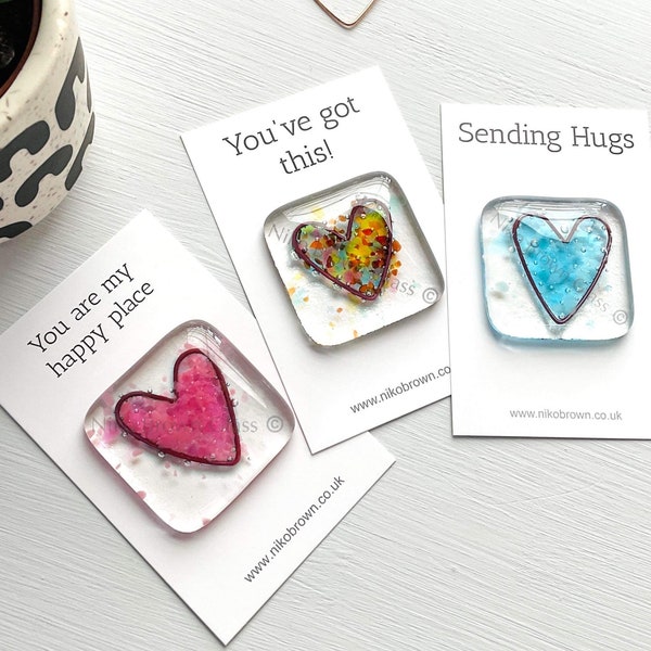 Fused glass heart pocket hug token.  Handmade in Cornwall by Niko Brown. Small miss you, friendship gift, add personalised message.