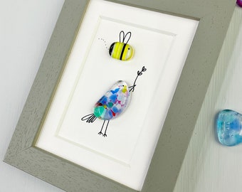 Framed Sweet Tweet Fused Glass Bird & Bee