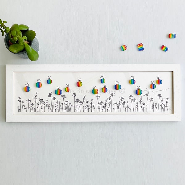 Framed long Illustrated Fused Glass Rainbow Bee Garden Pebble Picture by Niko Brown