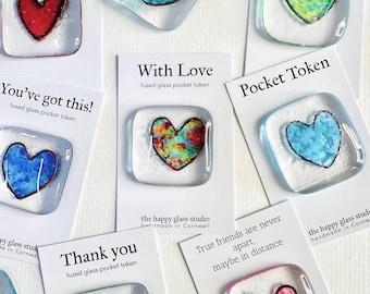 Glass pocket token with message - fused glass heart token handmade in Cornwall by Niko Brown