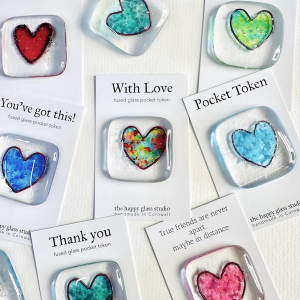 Glass pocket token with message - fused glass heart token handmade in Cornwall by Niko Brown
