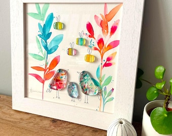 Glass birds & bees wall art - Butterfly pebble picture handmade in Cornwall by Niko Brown