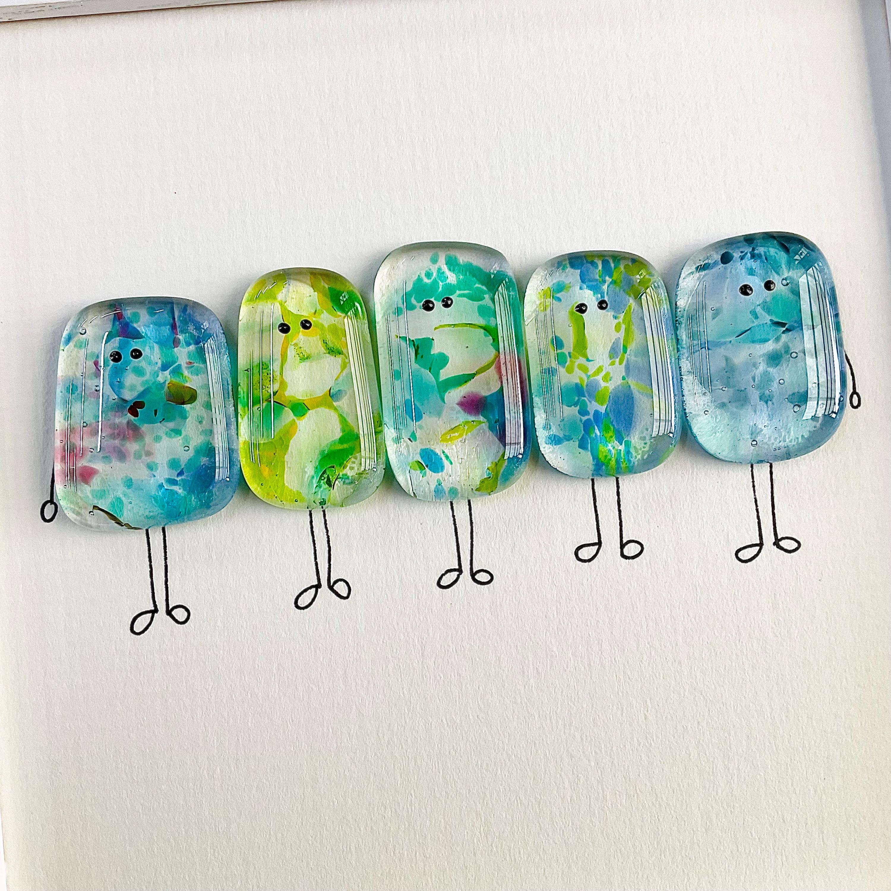 Glass pebble wall art - framed fused glass pebble people picture handmade in Cornwall by Niko Brown