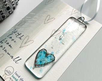 Fused glass heart suncatcher thinking of you friendship gift with love, handmade in  Cornwall