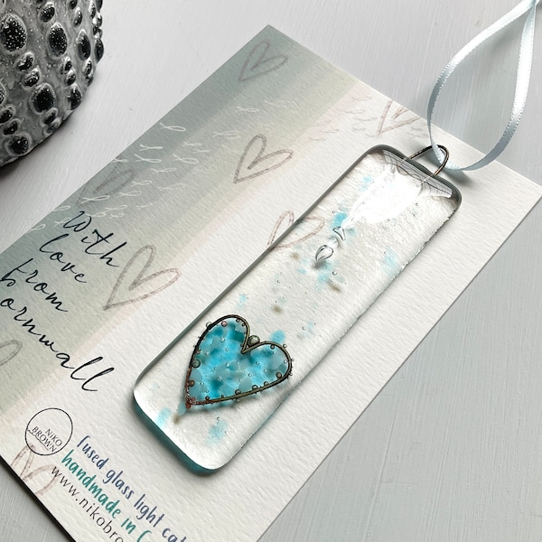 Fused glass heart suncatcher thinking of you friendship gift with love, handmade in  Cornwall