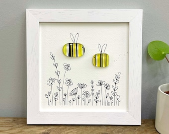 Glass bee wall art - framed fused glass be yourself pebble picture handmade in Cornwall by Niko Brown