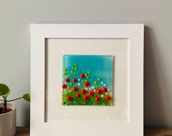 Fused glass red poppy field art in white frame - handmade floral wall hanging