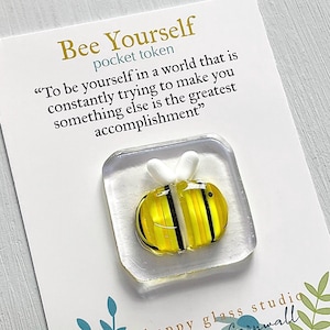 Glass bee pocket token - fused glass heart token handmade in Cornwall by Niko Brown