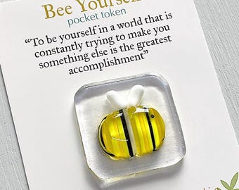 Glass bee pocket token - fused glass heart token handmade in Cornwall by Niko Brown