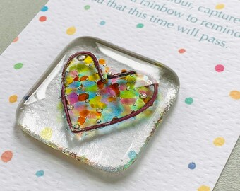 Rainbow fused glass heart pocket hug token. Handmade in Cornwall by Niko Brown. Small miss you friendship gift, add personalised message.