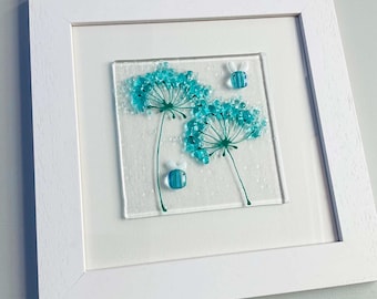 Glass bee wall art - framed fused glass flower and bee picture Bee on the Brightside handmade in Cornwall by Niko Brown