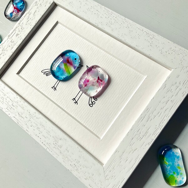 Framed Sweet Tweet Fused Glass Bird Family Pebble Gift Picture made in Cornwall by Niko Brown