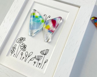 Framed Fused Glass Illustrated Pink Butterfly