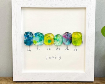 Glass pebble wall art - framed fused glass pebble people picture handmade in Cornwall by Niko Brown