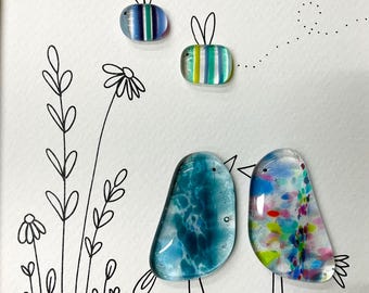 Glass bird wall art - framed fused glass pebble picture bird family handmade in Cornwall by Niko Brown