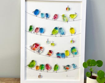 Glass bird wall art - A3 framed fused glass pebble picture birds handmade in Cornwall by Niko Brown