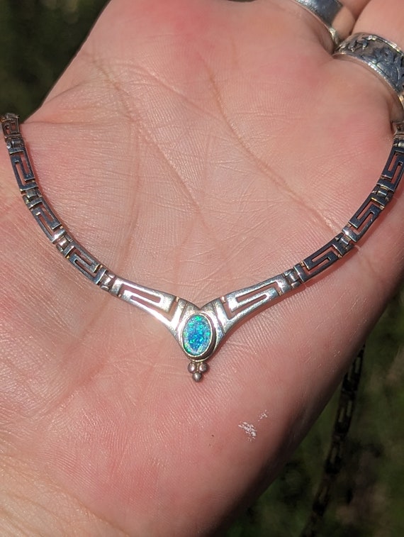 Sterling Silver Created Opal Collar Necklace 17"