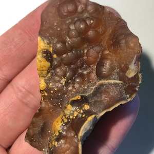 May include: A brown and orange agate with a bubbly texture. The agate has a rough, natural surface and is a unique piece of nature.