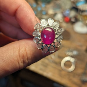 Epic Diamond Slices and Ruby Flower Sterling Silver Ring size 7