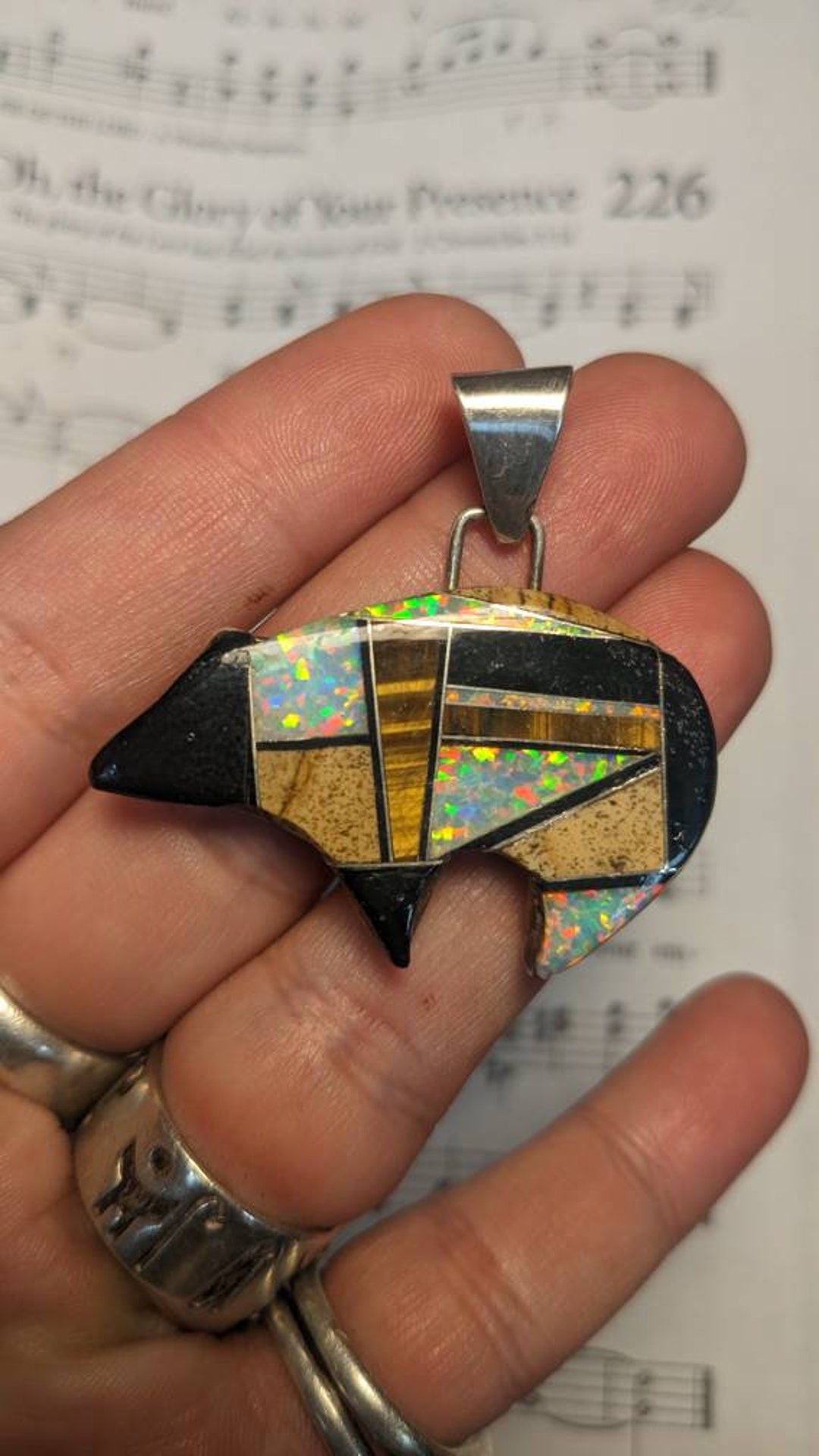 Inlay Signed Sterling Silver Zuni Bear Pendant Etsy