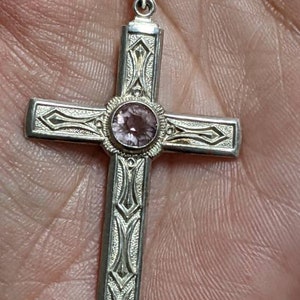 Silver Amethyst European Cross  on long Sterling Chain