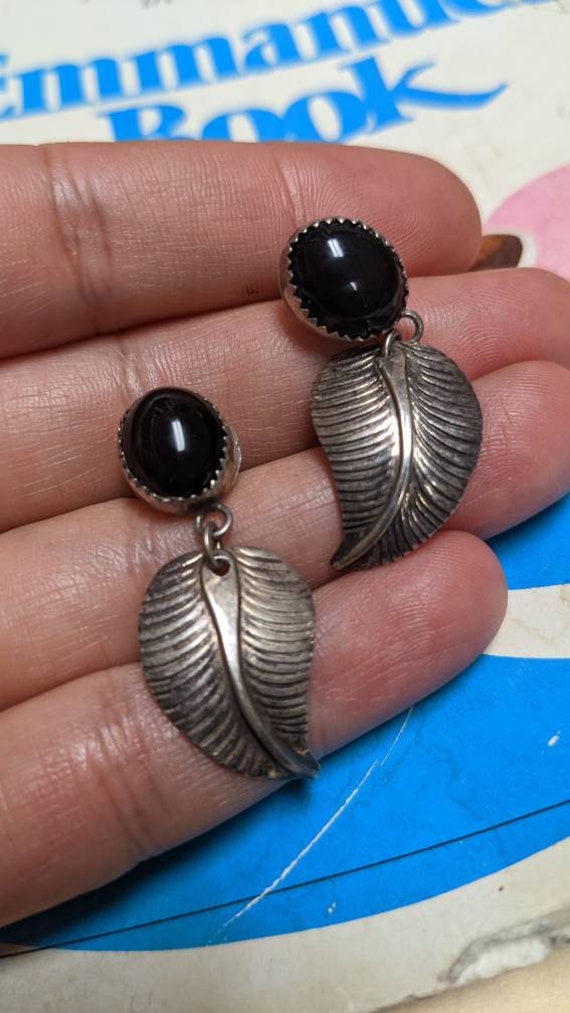 Vintage Onyx Heavy Sterling Silver  Earrings Signe