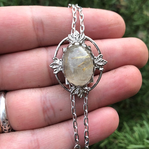 Rutilated Quartz Cabochon Bolo Plated Choker Necklace