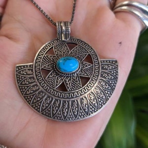 Large Tribal Tibetan Mandala Sterling Silver Turquoise Pendant on large Sterling chain