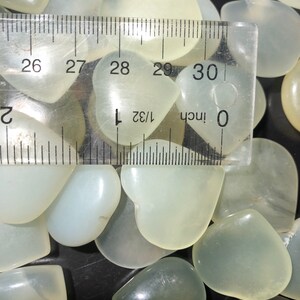 May include: A close-up of a group of white heart-shaped stones, with a ruler measuring one of the stones at approximately 1 inch in length.