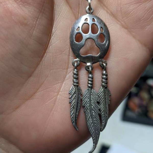 Native / Tribal Bear Paw and Feathers Sterling Silver Necklace