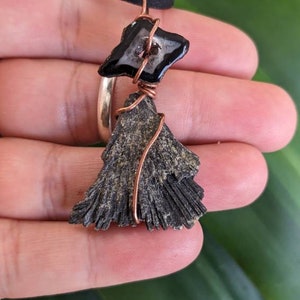 Black Druzy Agate and Black Kyanite, Witch&#39;s Broom Pendant Halloween