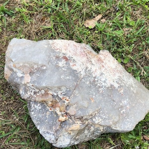 May include: A large, gray rock with white and brown markings. The rock is sitting on a bed of green grass.