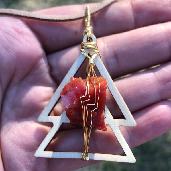 Carnelian Crystal and Geometric Wood Necklace