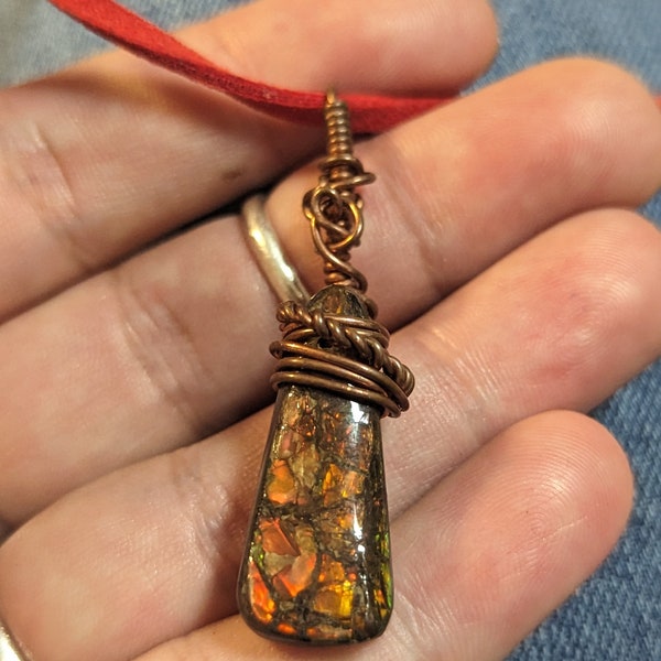 Ammolite Fossil, Wire Wrapped Necklace