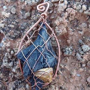 Black Kyanite and Graves Mountain Georgia Pyropyllite Copper Pendant