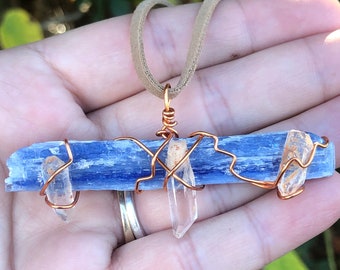 Blue Kyanite and Arkansas Quartz Crystal Pendant