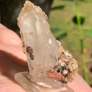May include: A clear quartz crystal with a brown and pink matrix. The crystal is on a clear display stand.