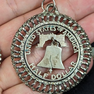 Vintage United States Half Dollar Coin Liberty Bell Carved Pendant